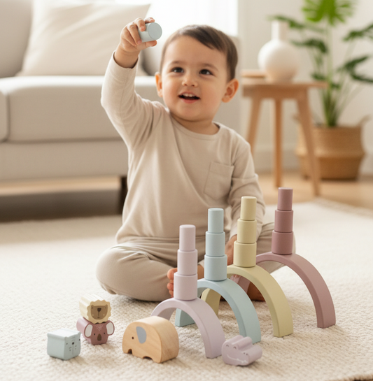 Elefantito de balance con Mini-Arcoíris Waldorf