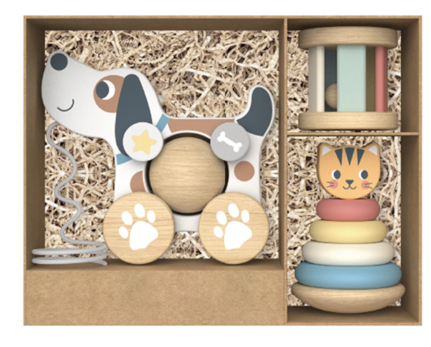 Set 3 en 1 con perrito de madera