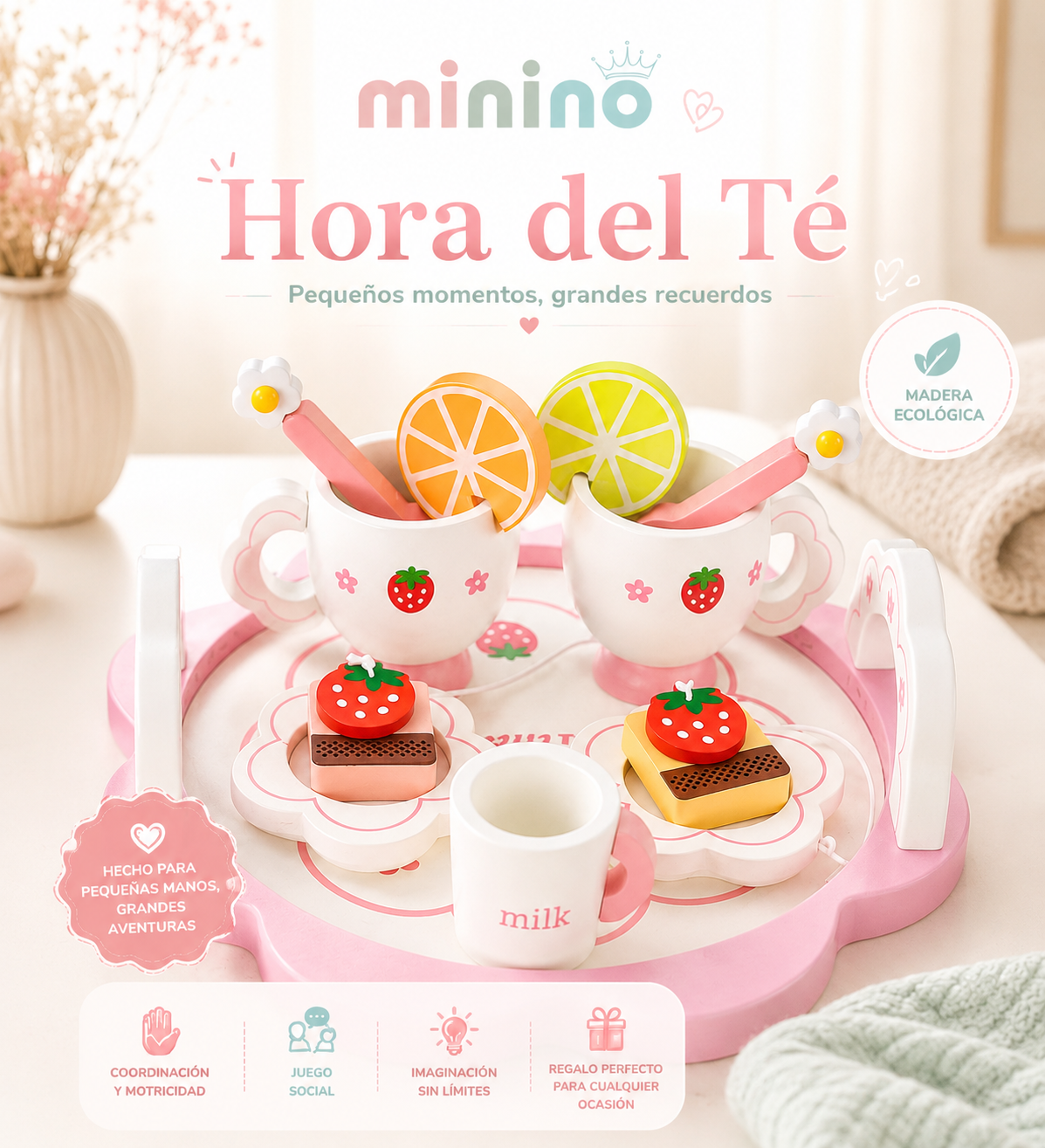 Juego de Té de Madera Rosado para Niñas 3+