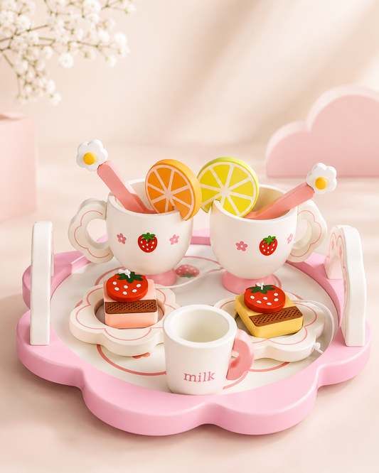 Juego de Té de Madera Rosado para Niñas 3+