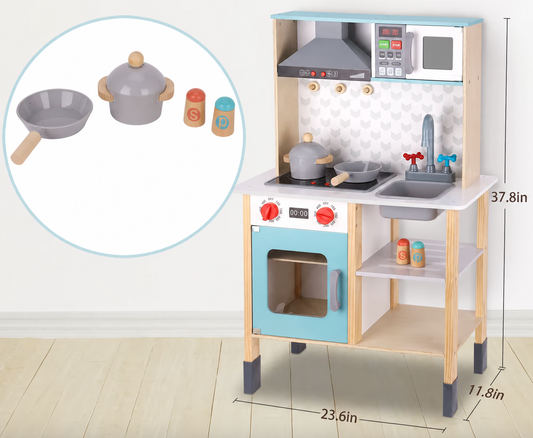 Cocina de Madera Celeste – Última unidad (sin utensilios colgantes) Solo Retiro.