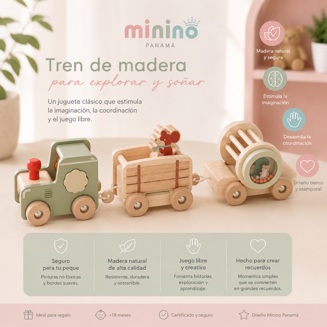 Tren Interactivo de Madera con Sonajero para Bebés