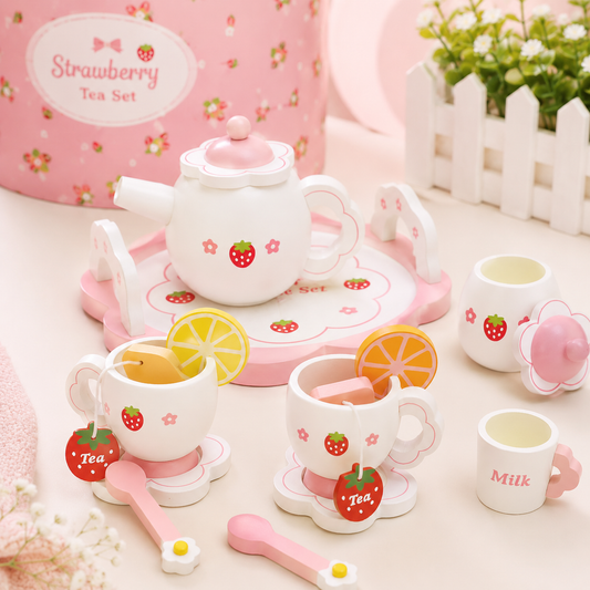 Juego de Té de Madera Rosado para Niñas 3+