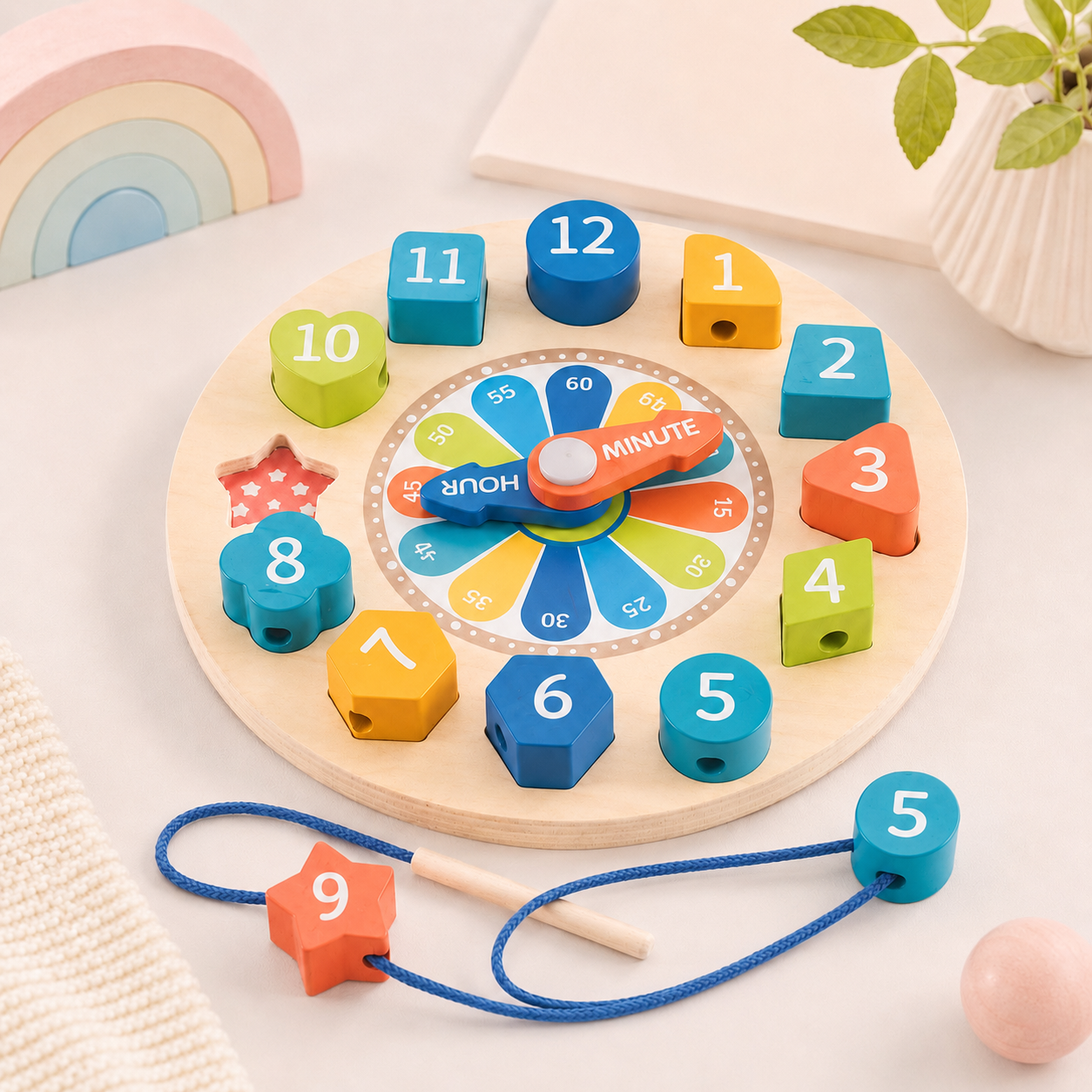 Reloj educativo con formas y juego de enhebrar