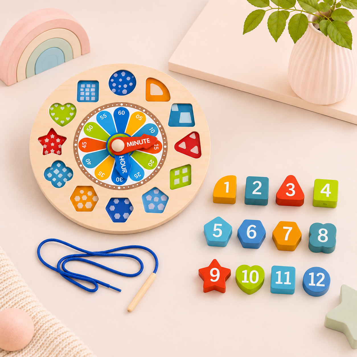 Reloj educativo con formas y juego de enhebrar