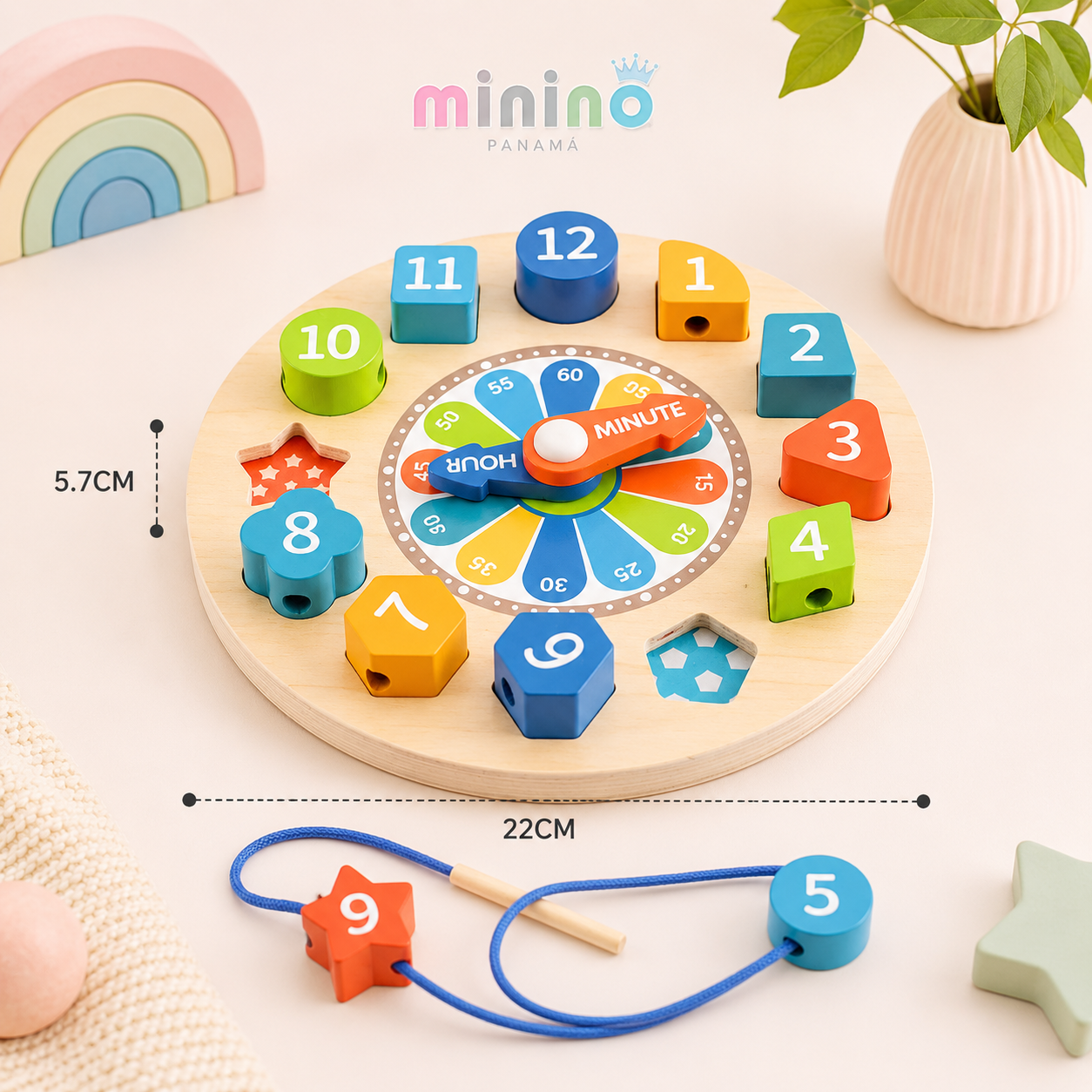 Reloj educativo con formas y juego de enhebrar