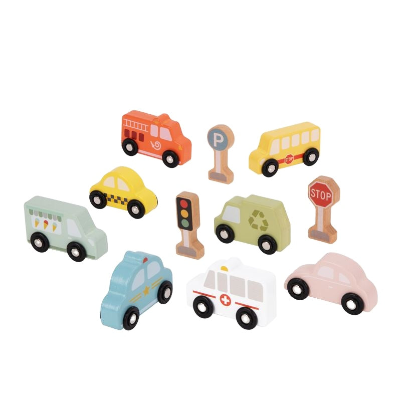Set de 8 Autitos de Madera con Señales de Tránsito