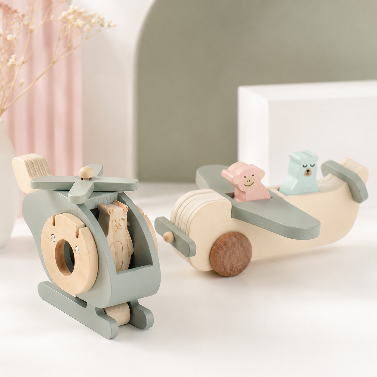 Set de Mini Pilotos – Avión y Helicóptero de Madera Montessori