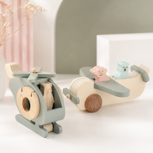 Set de Mini Pilotos – Avión y Helicóptero de Madera Montessori
