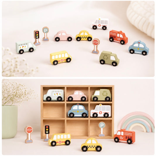Set de 8 Autitos de Madera con Señales de Tránsito