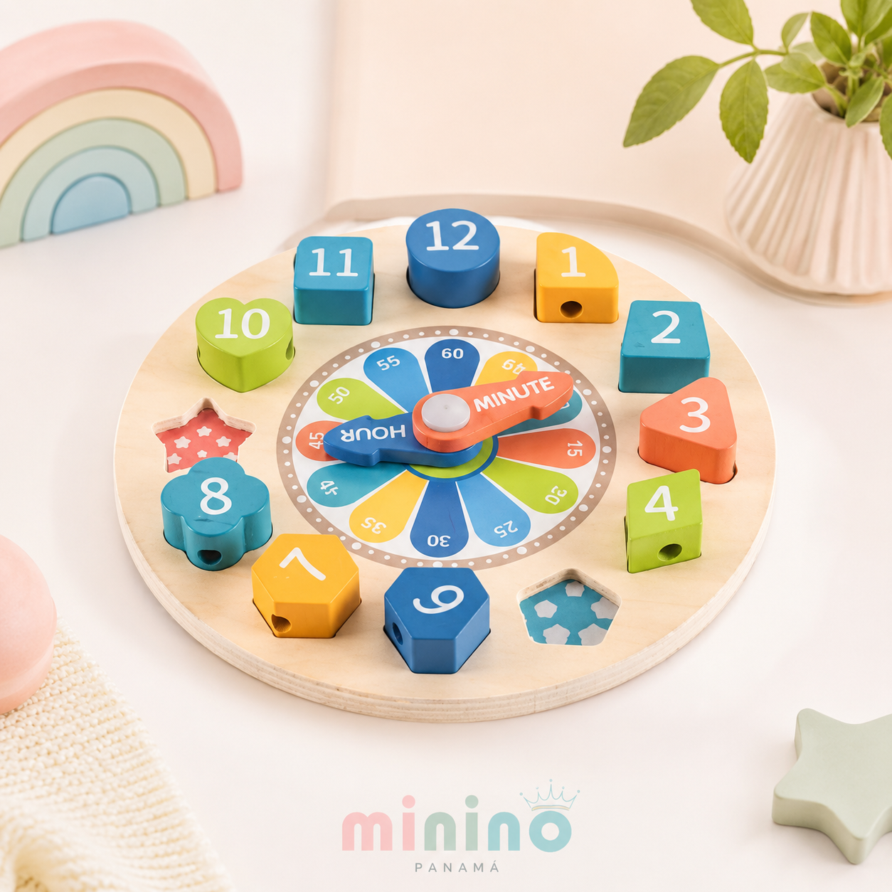 Reloj educativo con formas y juego de enhebrar